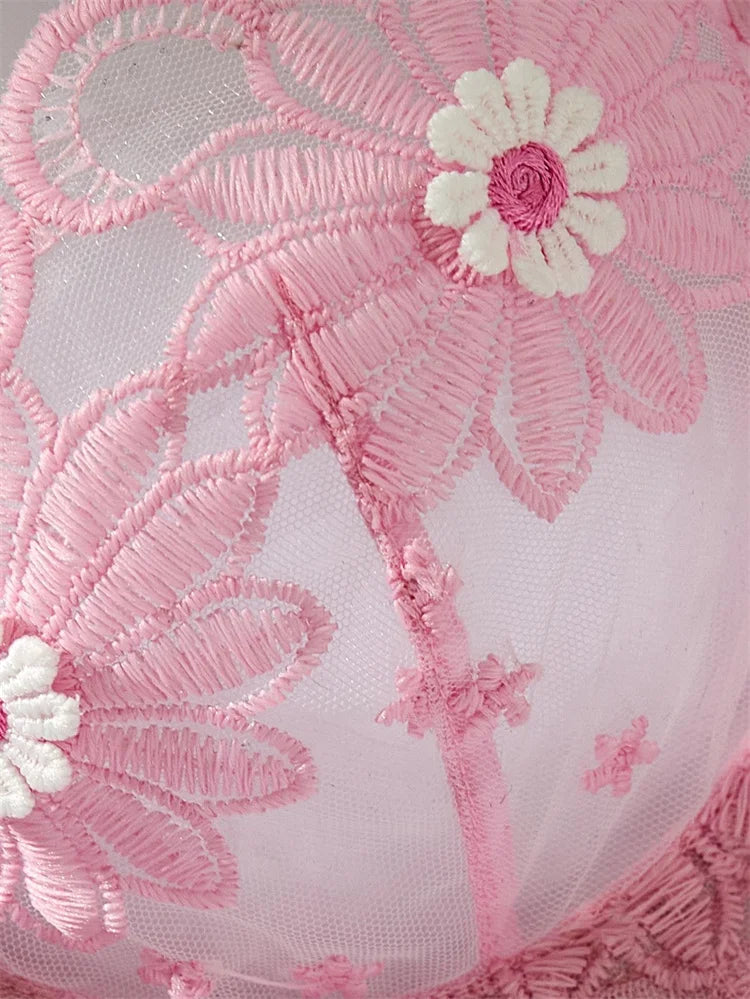 Sexy Lingeries Women Floral Embroidery Lingerie Set Pink Mesh Underwear Ultra Thin Bra and Panties Sets Romantic Erotic Lingerie