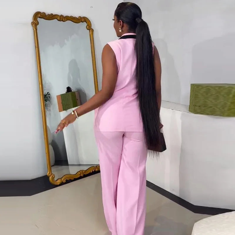 Pants Set Women Two Piece Sets Matching Sets Work Elegant Double Breasted Tops Vest Wide Leg Long Pants High Waist Y2k Pink