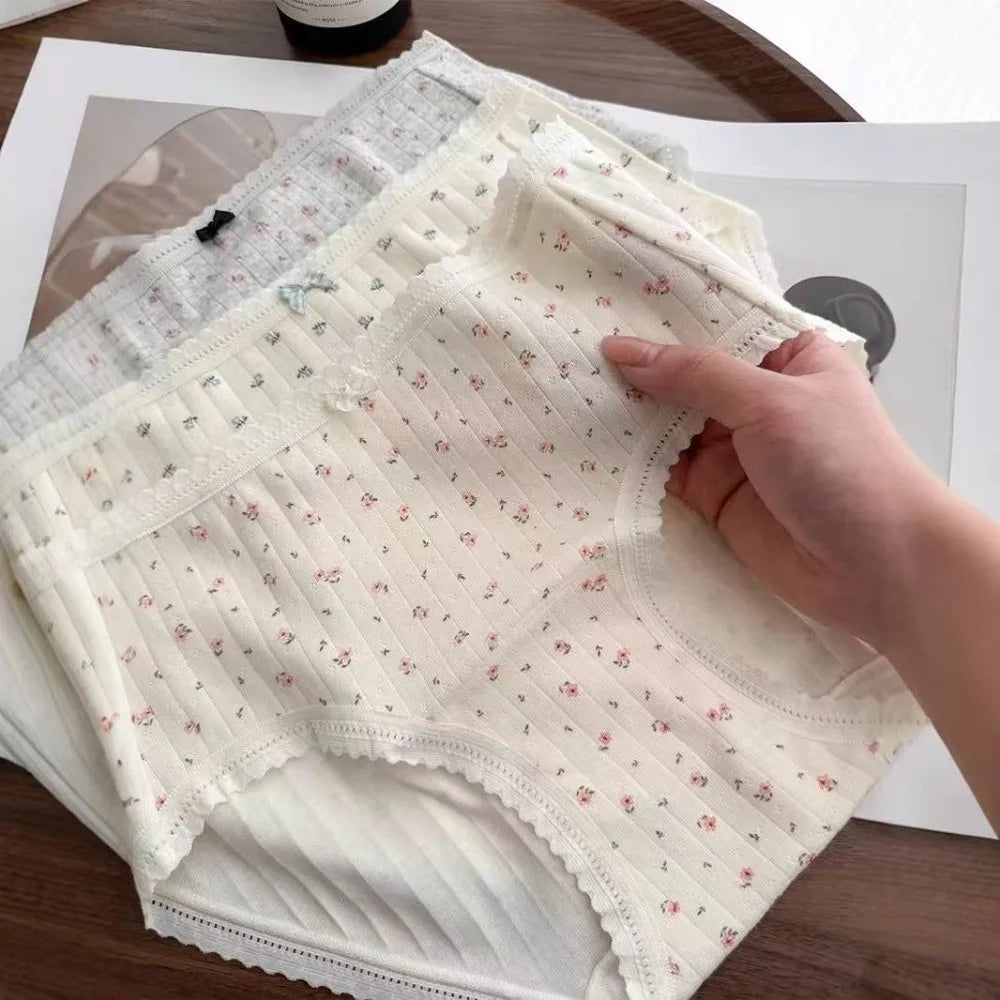 Lingerie Mid-waist Underwear for Women Bear Bow Sweet Floral Panties Underpants Grid Cotton Briefs Summer