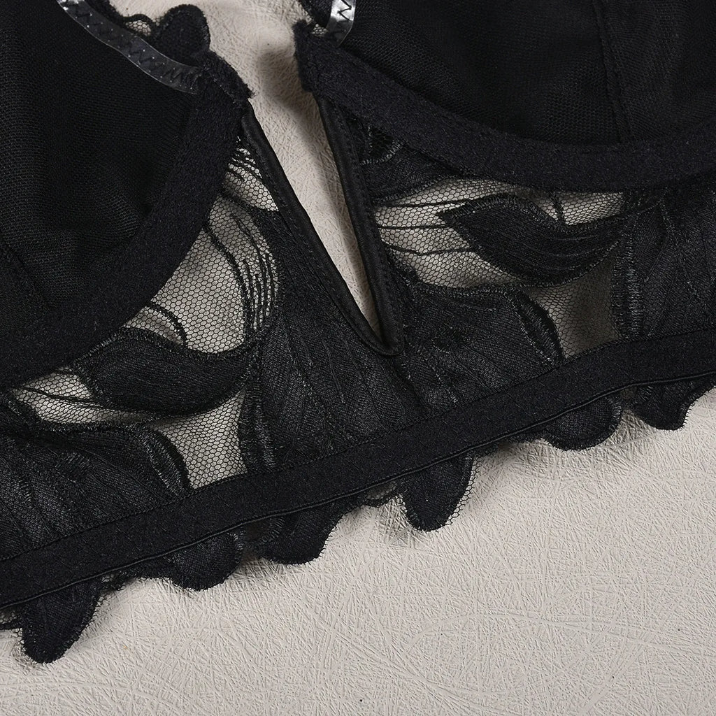Sexy French Deep V Embroidery Mesh Lingerie Set Autumn Women's Ultra-thin Lace Bra and Panty Set Female Solid See Though Bra