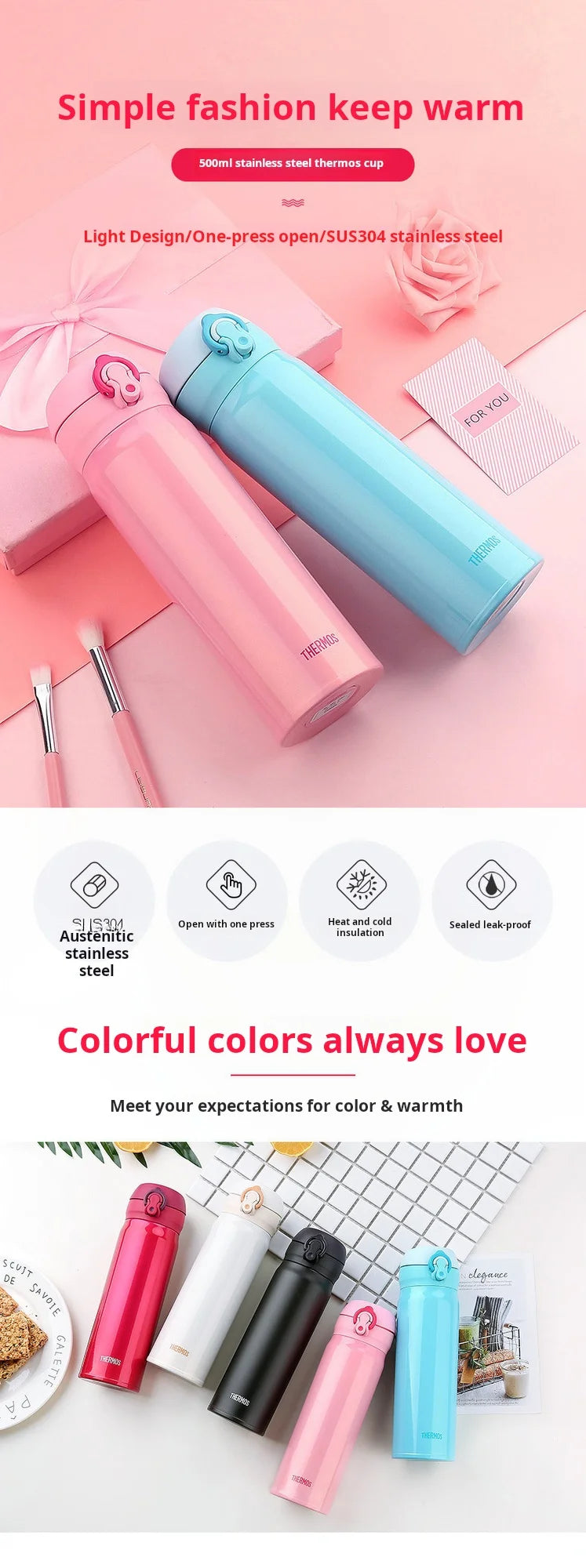 THERMOS Stainless Steel Double-layer Vacuum Cup Leak Prevention Insulated Flasks 350ml/500ml Thermo Water Bottle Thermal Tumbler