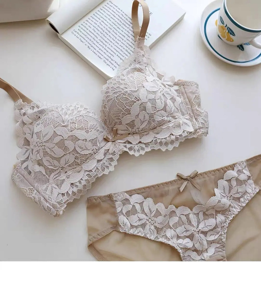 Women's Japanese Style Bra & Panty Set Luxury Lace Push Up Small Bust Support Adjustable Comfort No Gap Wirefree Free Shipping