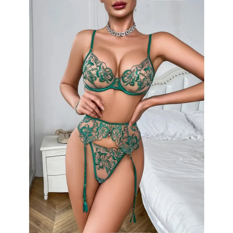 Lingeries Sexy Hot Elegant Ethical Underwear Floral Embroidery See Through 4-piece Push Up Lace Bra Thong Garter Lingerie Sets