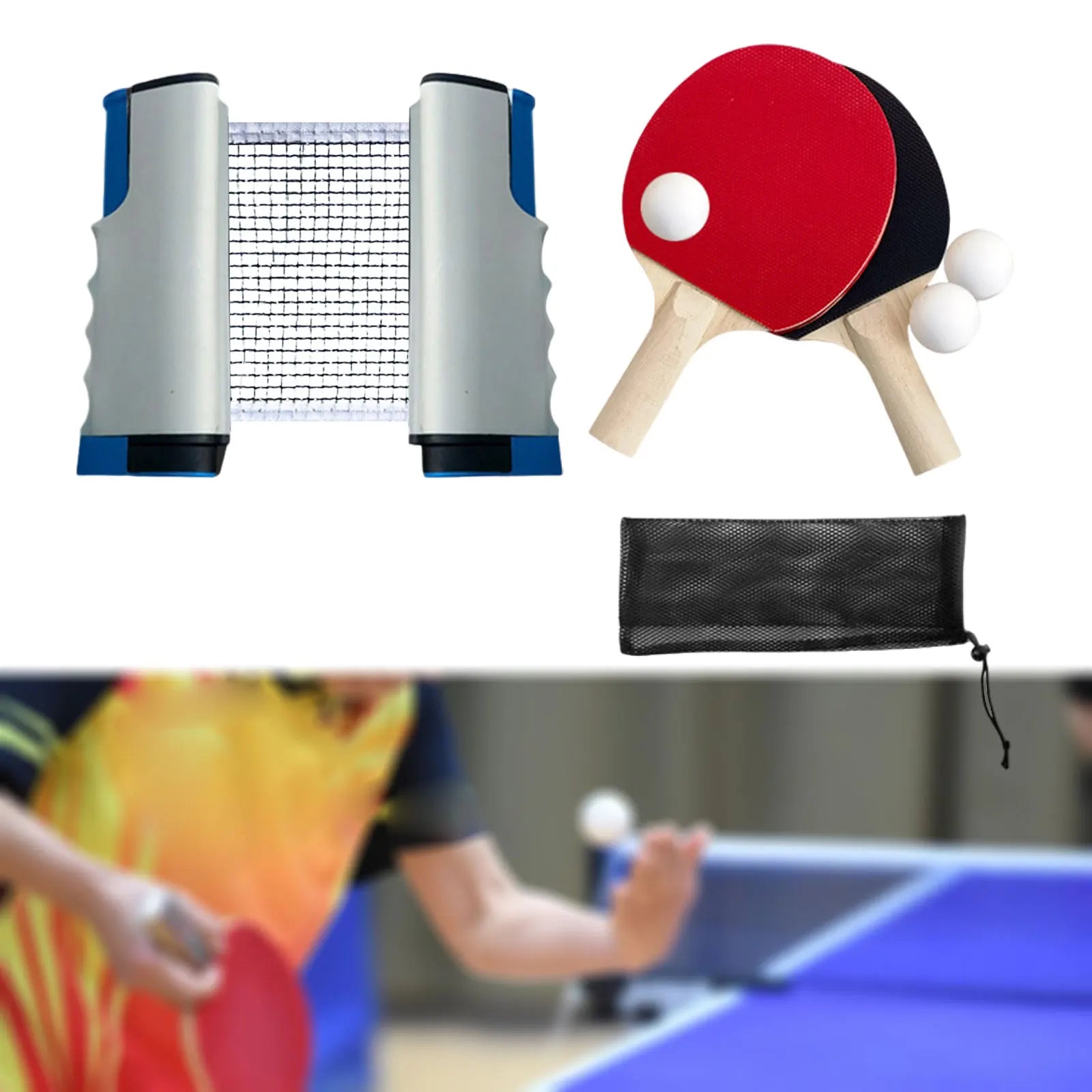 1 Set Ping Pong Paddles Set Retractable Net Exercise Table Tennis Set Rackets Balls for Family Home Gym Player Traveling Sports