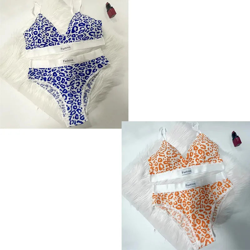 1/2/3/4Set Women Seamless Bra Set Low Waist Panties Leopard Bralette Sexy Vneck Sport Brassiere Female Cotton Underwear Set