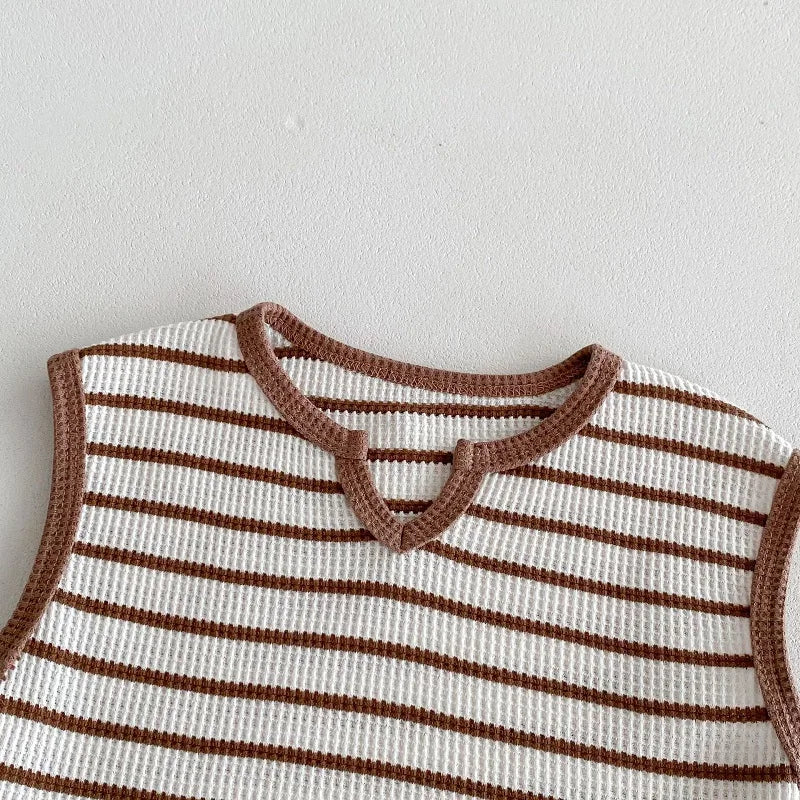 Summer baby clothes 0-5T solid color boys striped sleeveless T-shirt shorts set breathable girls vest short sleeved shorts set