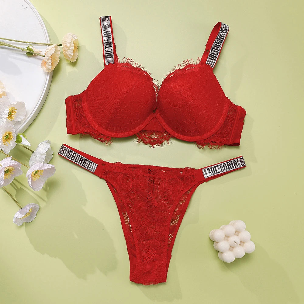 Victoria's Secret Bra and Panty Set Classic Women's Lingerie Set Sexy Lace Trim Pattern Breathable Gathered Padded New Soft