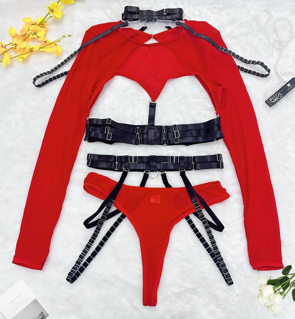 Lingeries Sexy Hot 4pcs Sexy Lingerie Sets Erotic Costumes Bandage Strap Blets Mesh Splicing Hollow Tee Tops Panty with Garter