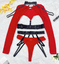 Lingeries Sexy Hot 4pcs Sexy Lingerie Sets Erotic Costumes Bandage Strap Blets Mesh Splicing Hollow Tee Tops Panty with Garter