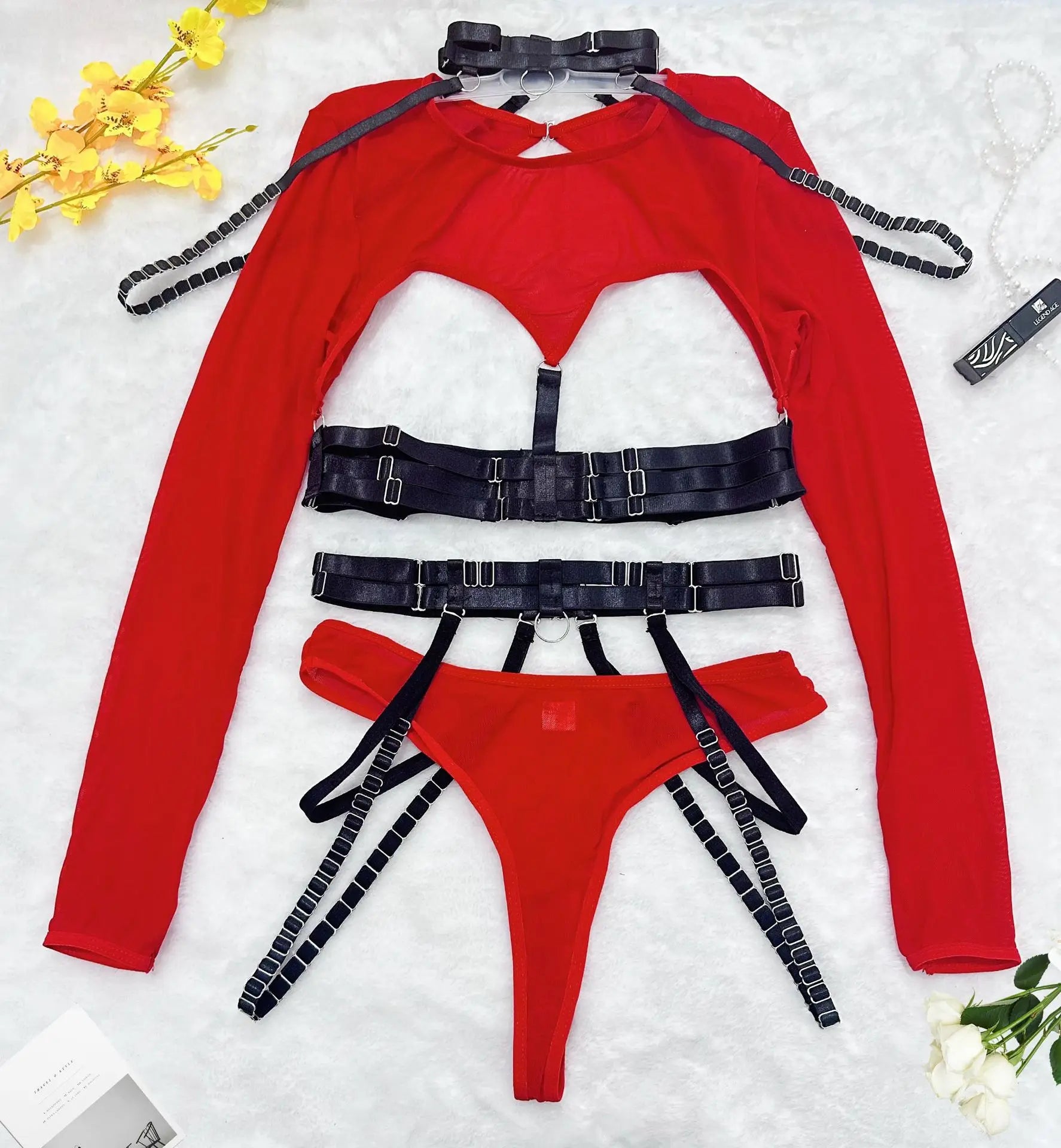 Lingeries Sexy Hot 4pcs Sexy Lingerie Sets Erotic Costumes Bandage Strap Blets Mesh Splicing Hollow Tee Tops Panty with Garter