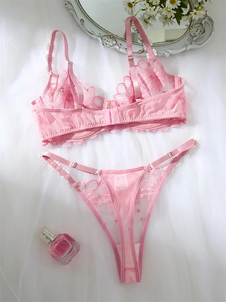 Sexy Lingeries Women Floral Embroidery Lingerie Set Pink Mesh Underwear Ultra Thin Bra and Panties Sets Romantic Erotic Lingerie