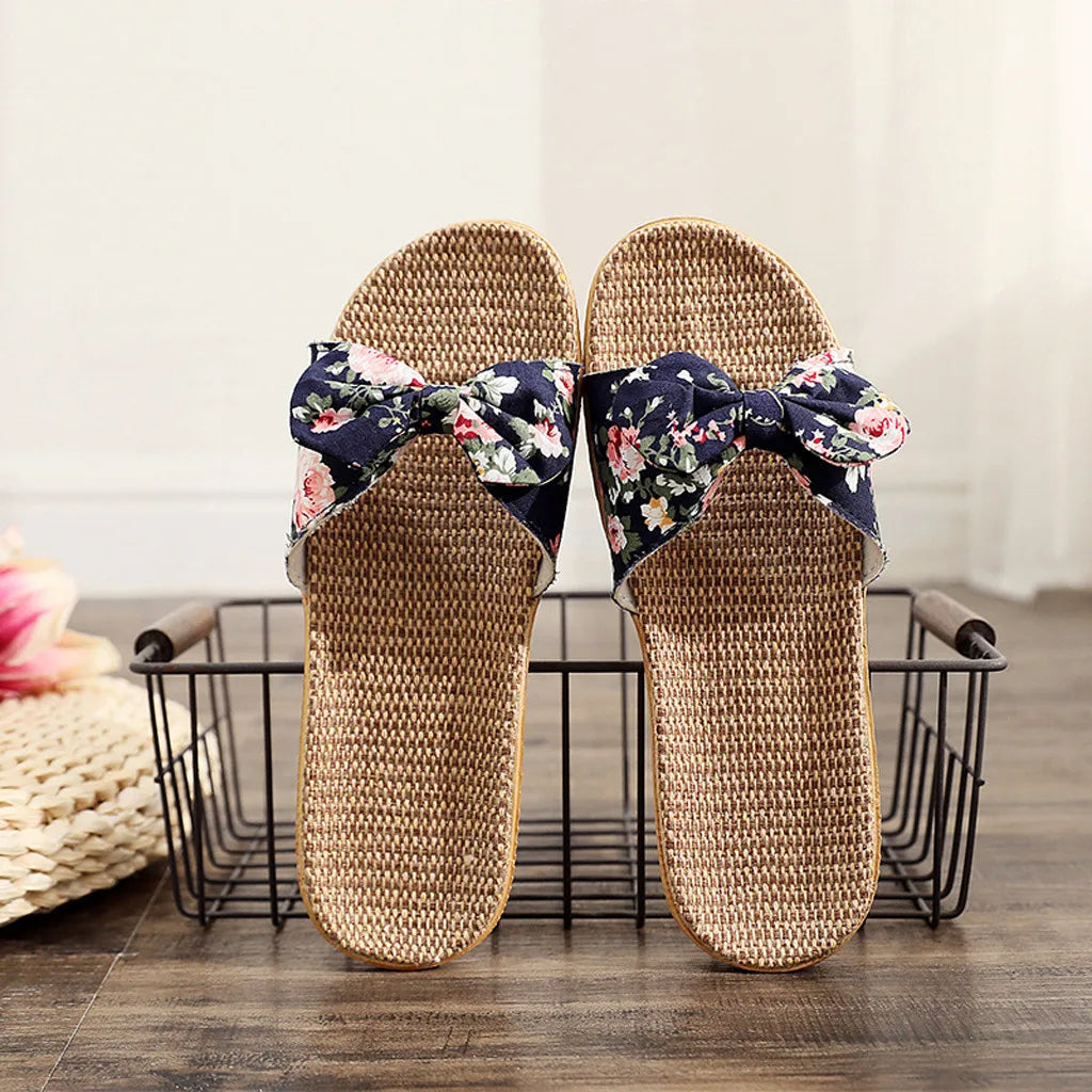 Shoes For Woman Sandalias Mujer Women Female Bowknot Flax Linen Flip Flops Beach Shoes Sandals Slipper Chaussures Femme