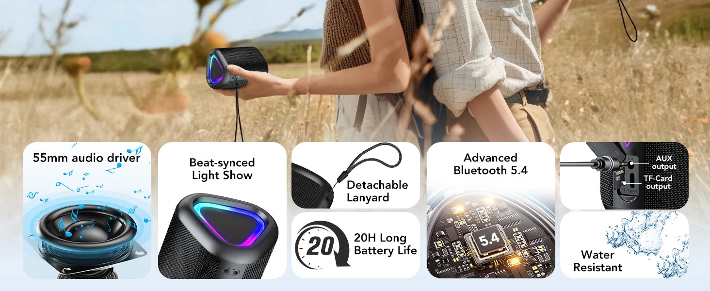Bluetooth Speaker, 2026 Portable Wireless Speakers with Led Light, Bluetooth 5.4, 24H Playtime, Enhanced Bass, IPX7 Waterproof