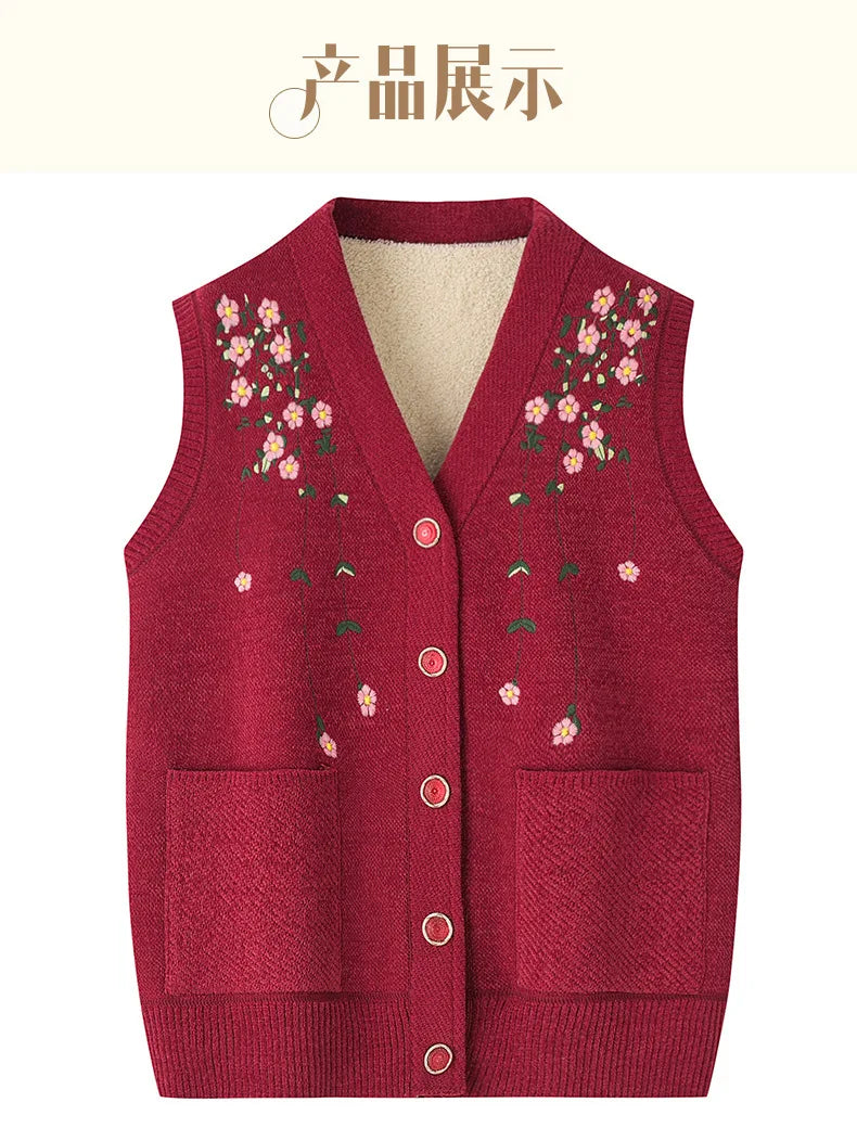 Grandma's Vest Autumn Winter Embroidered Middle Aged Mother's Outfit Cardigan Jacket Knitwears Sweater Women Wool Velvet Sueter
