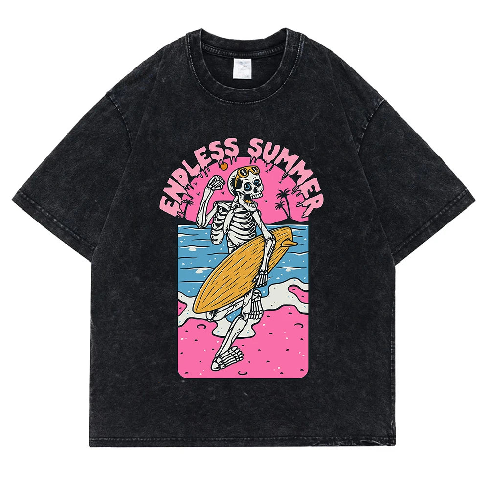 Endless Summer Skeleton Surfing 
Washed Retro Snow Clothing Men Quality T-Shirt Summer Cotton T-Shirts Hip Hop Street Loose Tops