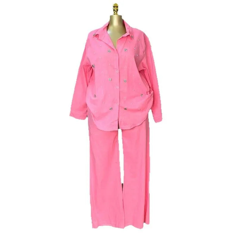 Pant Set Women Two Piece Sets Beaded Turn Down Collar Full Sleeve Shirt Single Breasted Wide Leg Long Pants Elastic Waist 2026
