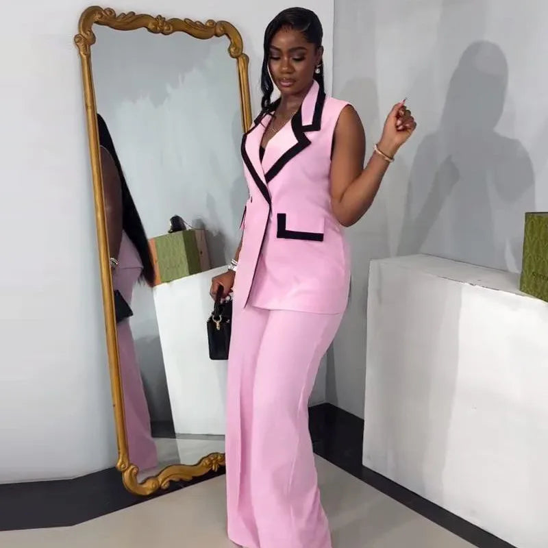 Pants Set Women Two Piece Sets Matching Sets Work Elegant Double Breasted Tops Vest Wide Leg Long Pants High Waist Y2k Pink