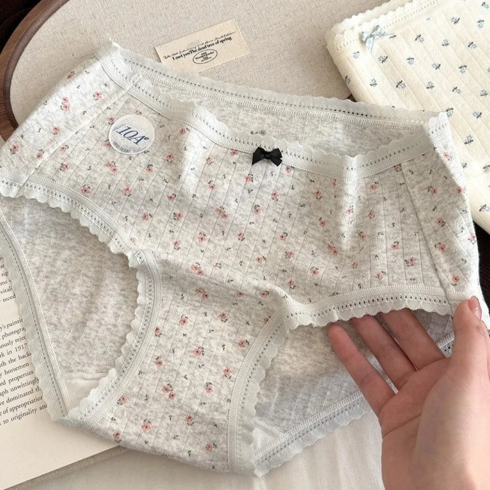 Lingerie Mid-waist Underwear for Women Bear Grid Sweet Floral Panties Underpants Bow Cotton Briefs Lady
