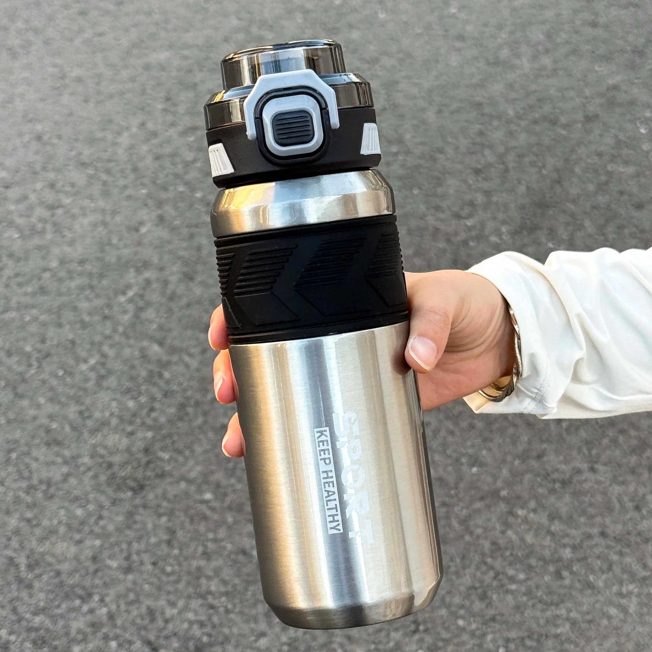 1pc trendy stainless steel thermos cup 650ml, fashionable dual-drinking thermal water bottle, portable with handle for outdoor