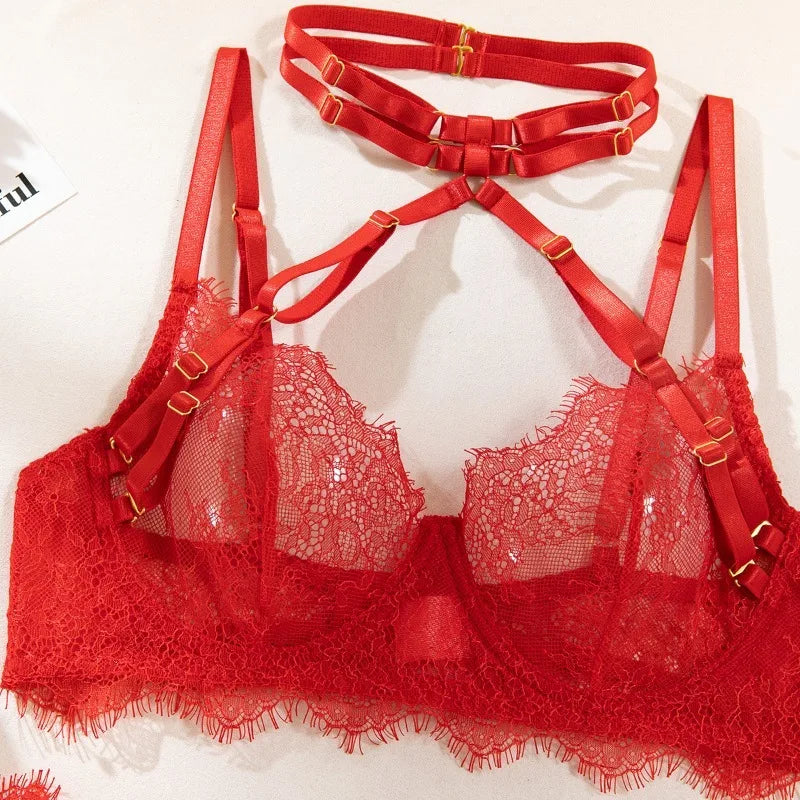 Lingeries Sexy Hot Eyelash Lace Trim Bandage Bra and Panty Lingerie Sets with Garter Belts Women's 3-Pieces Sets Erotic Costumes