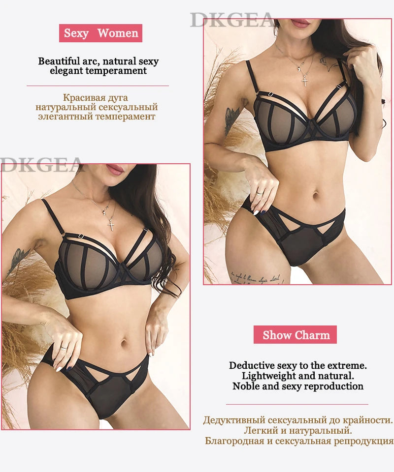 Bandage Push Up Bra Panties Sets Thick Padded Brassiere Fashion Black Deep V Sexy Underwear Set Women Plus Size D Cup Lingerie