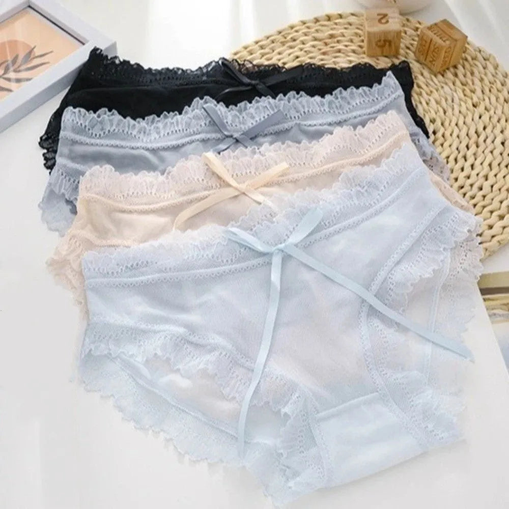 Lingerie Low Waist Lace Panties Ice Silk Bow Underwear for Women Cotton Crotch Seamless Panties Girl