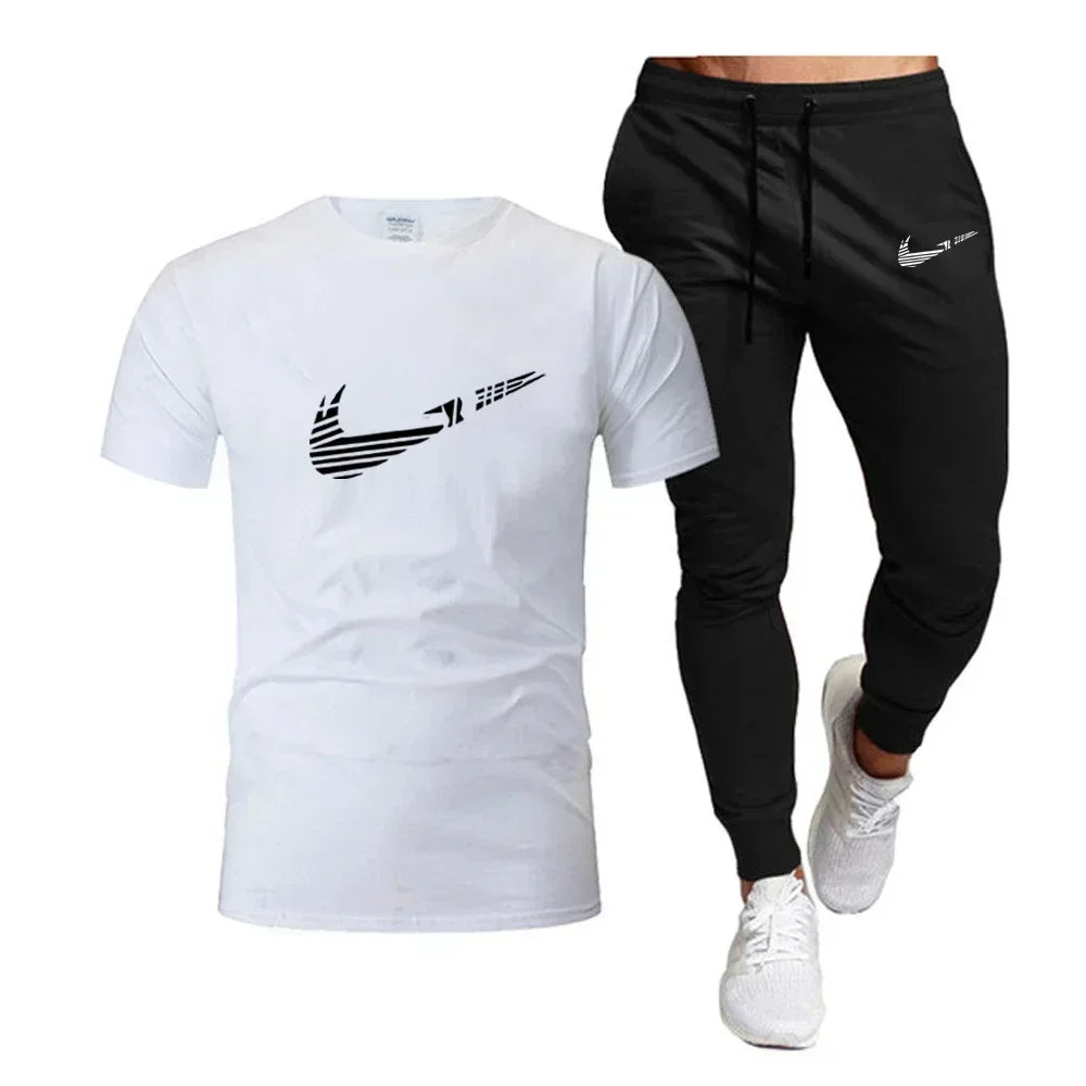 Summer Sports Men's Jogging Pure cotton T-shirt + thin long Pants 2-piece breathable and quick-drying set
