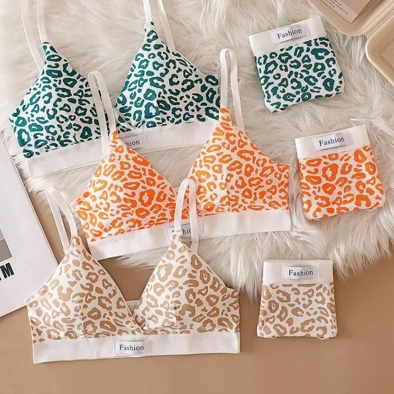 Women Seamless Bra Set Low Waist Panties Leopard Bralette Sexy Lingerie Set Vneck Sport Brassiere Female Cotton Underwear Set