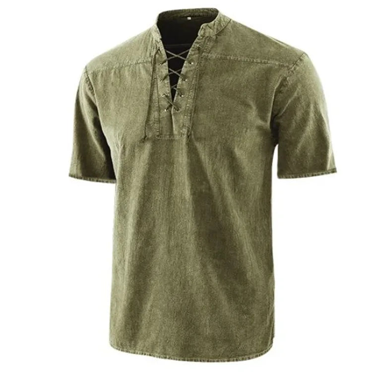 Summer T Shirt Men Stand Collar Front Lace Up Short Sleeve V Neck Slim T Shirt Streetwear for Daily Wear Casual Tops Tees S-5XL