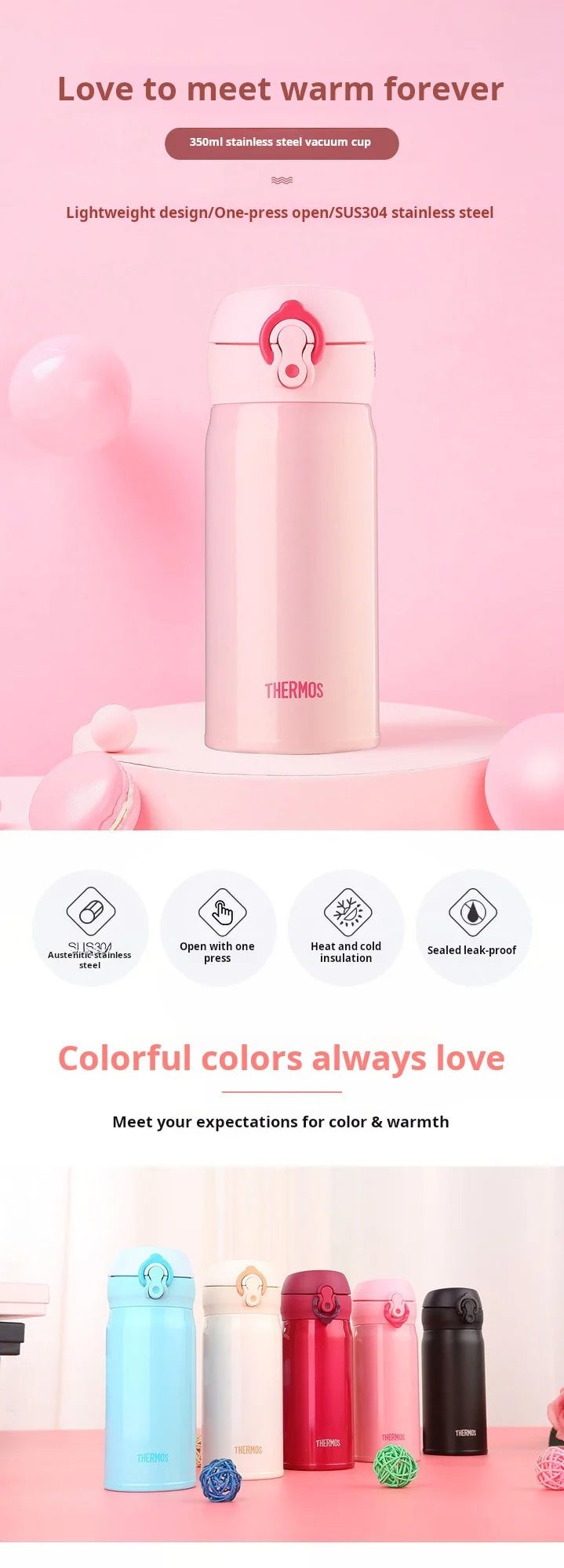 THERMOS Stainless Steel Double-layer Vacuum Cup Leak Prevention Insulated Flasks 350ml/500ml Thermo Water Bottle Thermal Tumbler