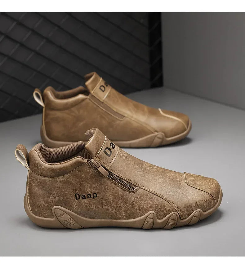 Men's Leather Shoes Ankle Boots Casual Leather Loafers Zipper Comfortable Formal Flat Solid Color White Shoes Driving Moccasins