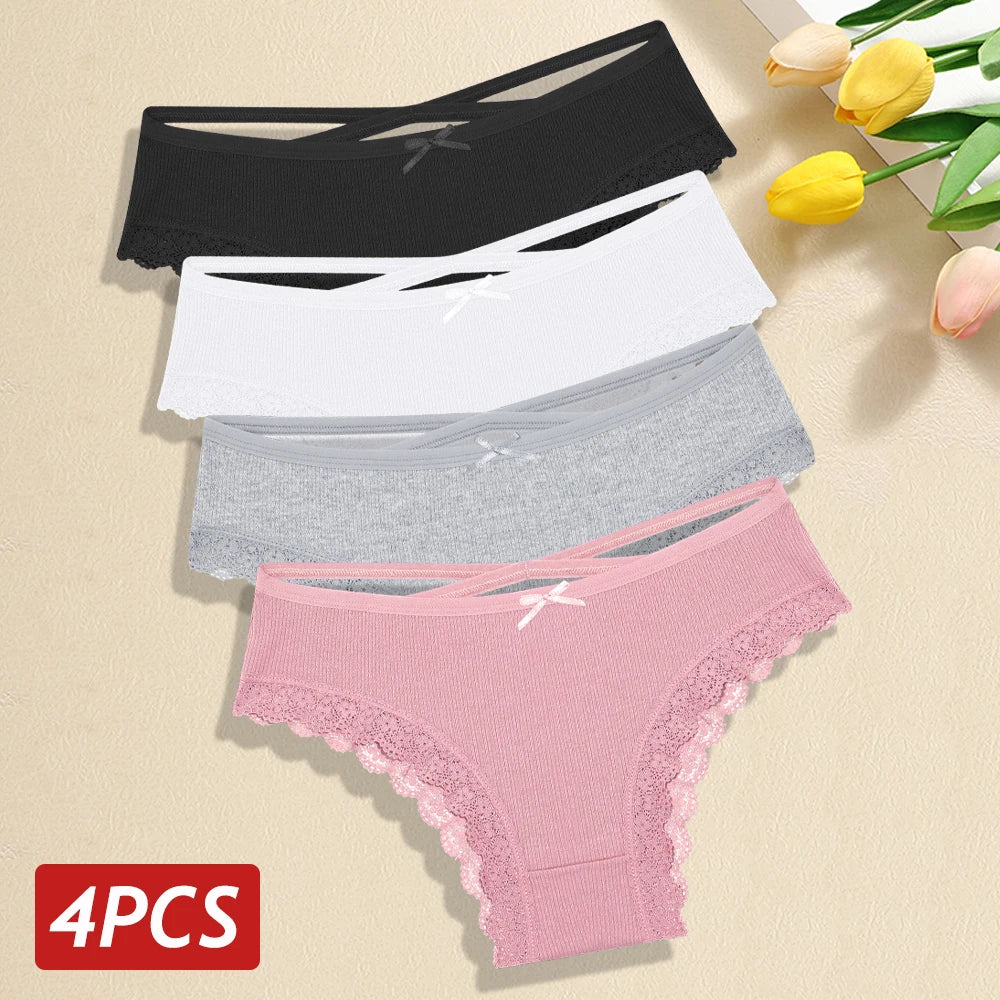 4PCS/Set Women Cotton Panties Sexy Lace Braizlian Panties Low Rise Hollow Out Underwear for Female Cute Bow Breathable Lingerie