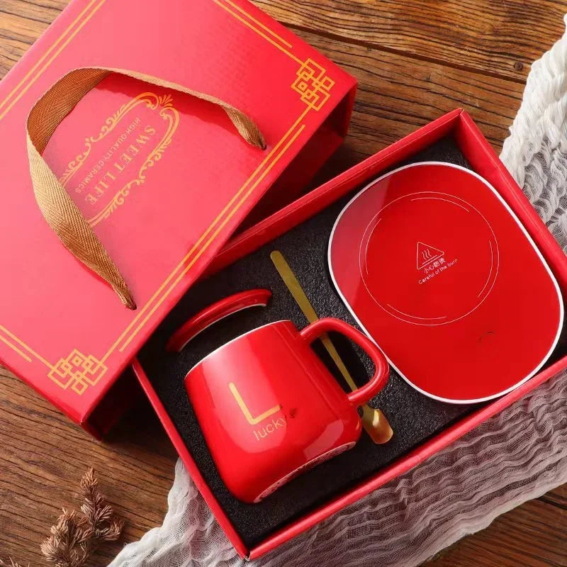 Portable USB Rechargeable Heating Cup 55℃ Thermal Ceramic Mug with Stainless Steel Spoon Gift Set for Travel Office Gift