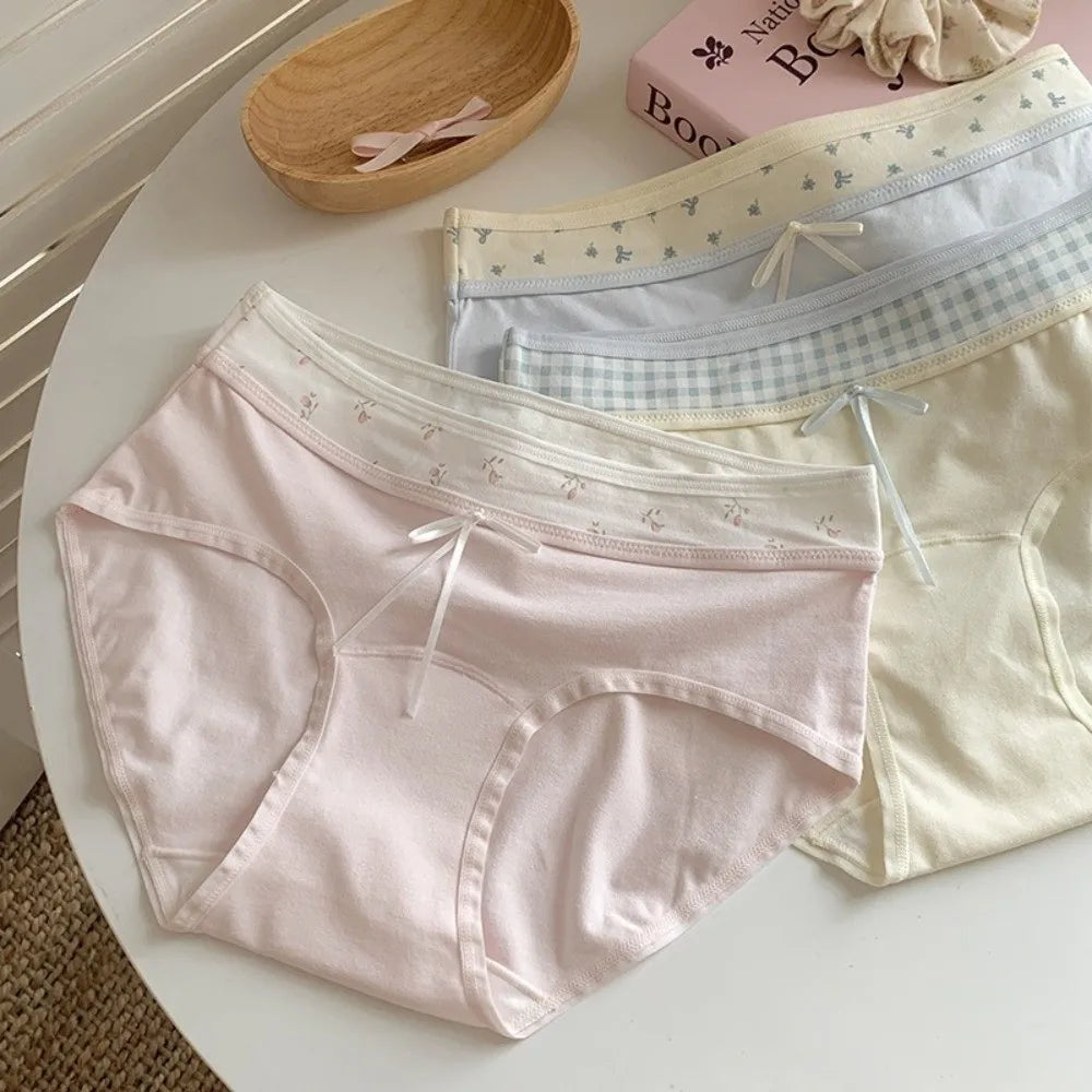 Lingerie Mid-waist Underwear for Women Bow Patchwork Women's Sweet Panties Large Size Underpants Cotton Briefs Lady