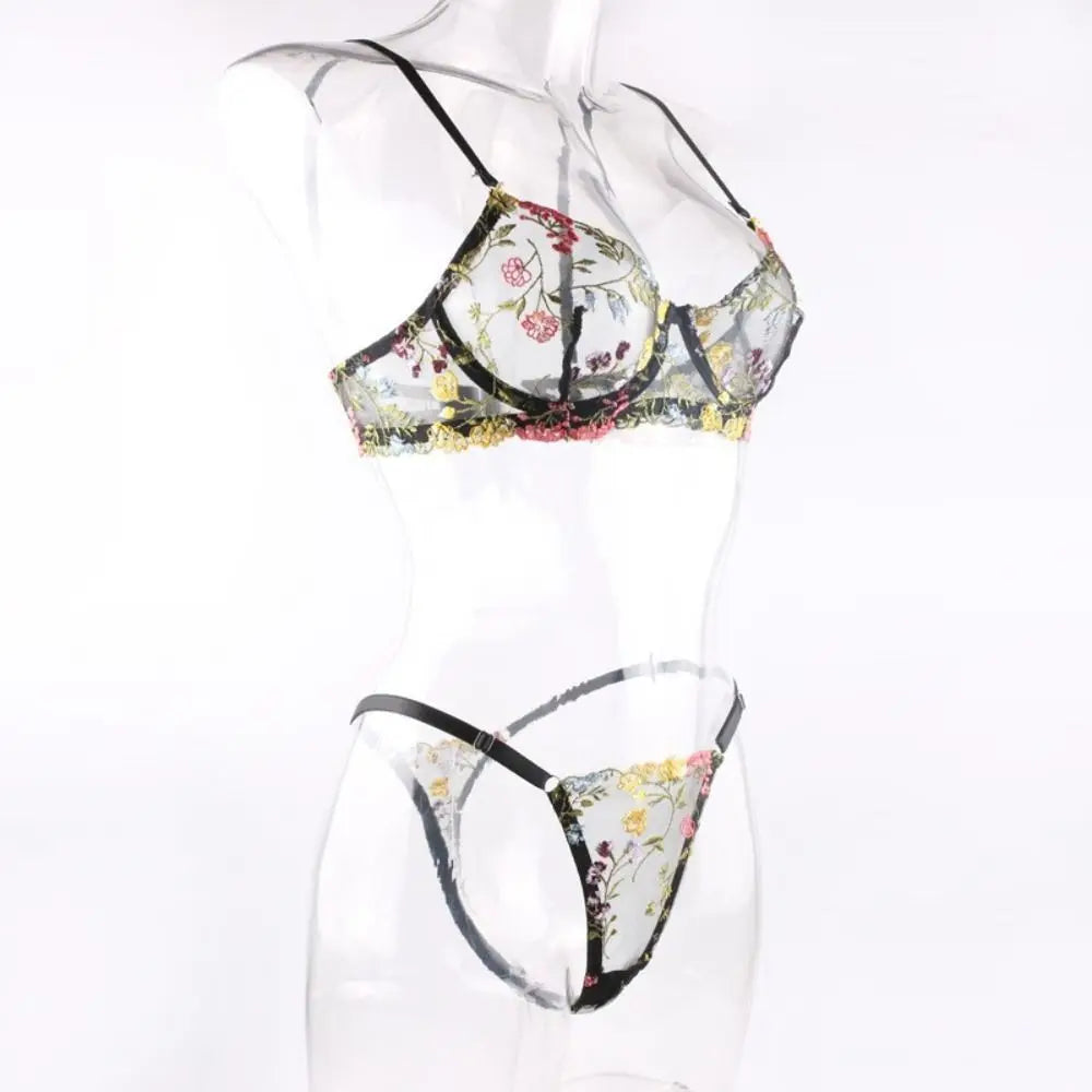 2-Piece Versatile Floral Lingerie Set Embroidery Sheer Boho Bra Panty Set Intimates