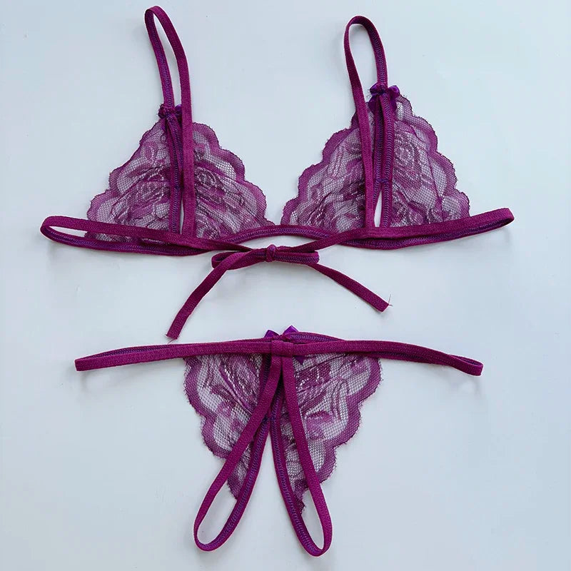 Sexy Lace-up Lingerie Set Women Hot Open Crotch Transparent Sexy Bra and Panty Sets Sex Temptation Erotic Couples Date Underwear
