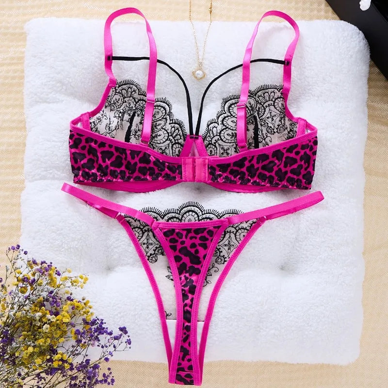 Lingerie Sexy Hot Womens Lace Underwear Transparent Bra Panty Set Three-point Underwear Pure Desire Leopard Print Lingerie Sets