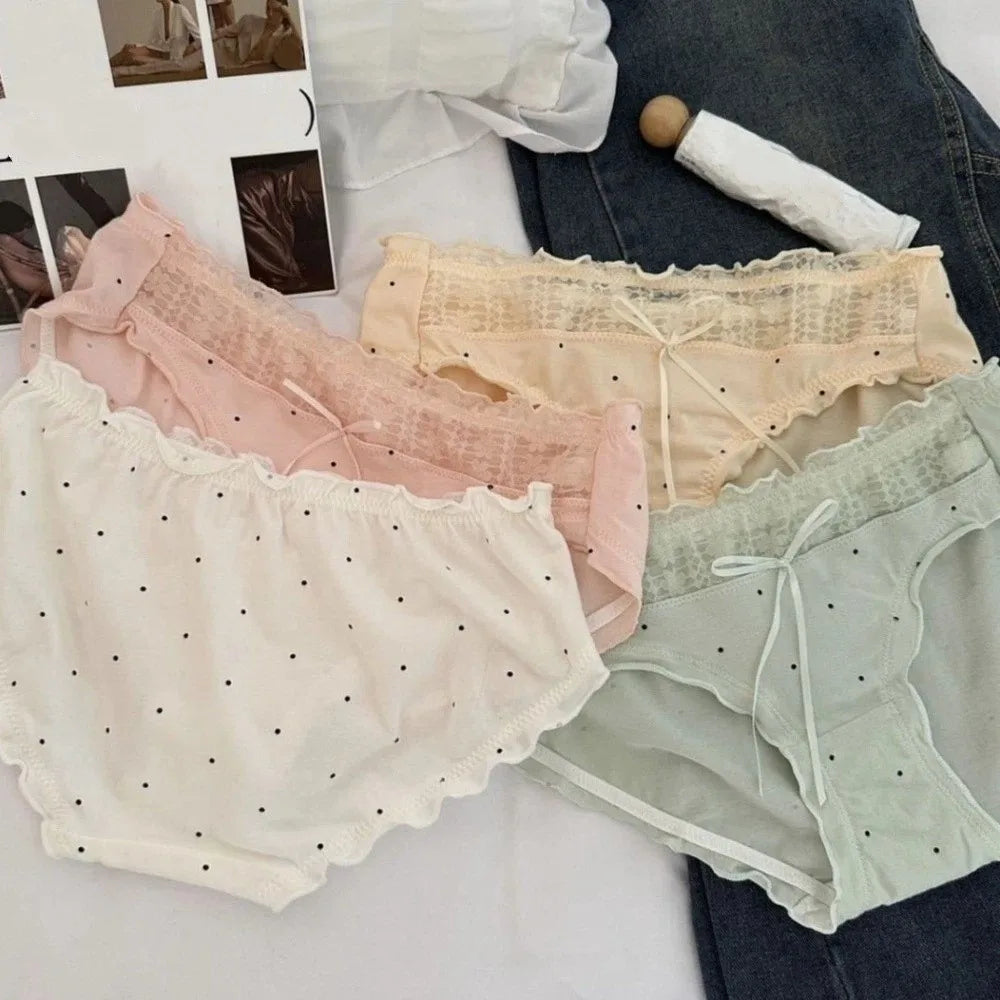 Lingerie Mid-waist Underwear Women Ruffle Patchwork Cotton Bow Briefs Dots Underpants Sweet Panties Summer