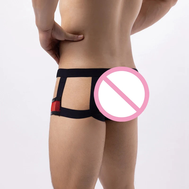 Lingerie Men Briefs Thong G-string String Homme PU Leather Mesh Patchwork Latex Panties Jockstrap Exotic Open Butt Gay Boxers