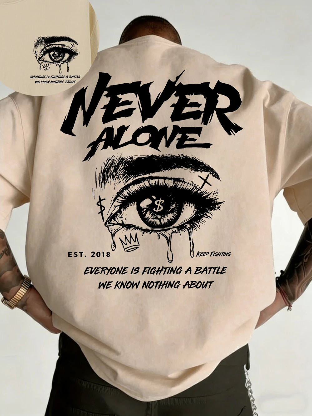 Summer Never Alone Eye Printing Cotton T-Shirts Mens Short Sleeve T Shirts Oversized O-Neck Soft Tops Casual Street Male Clothes