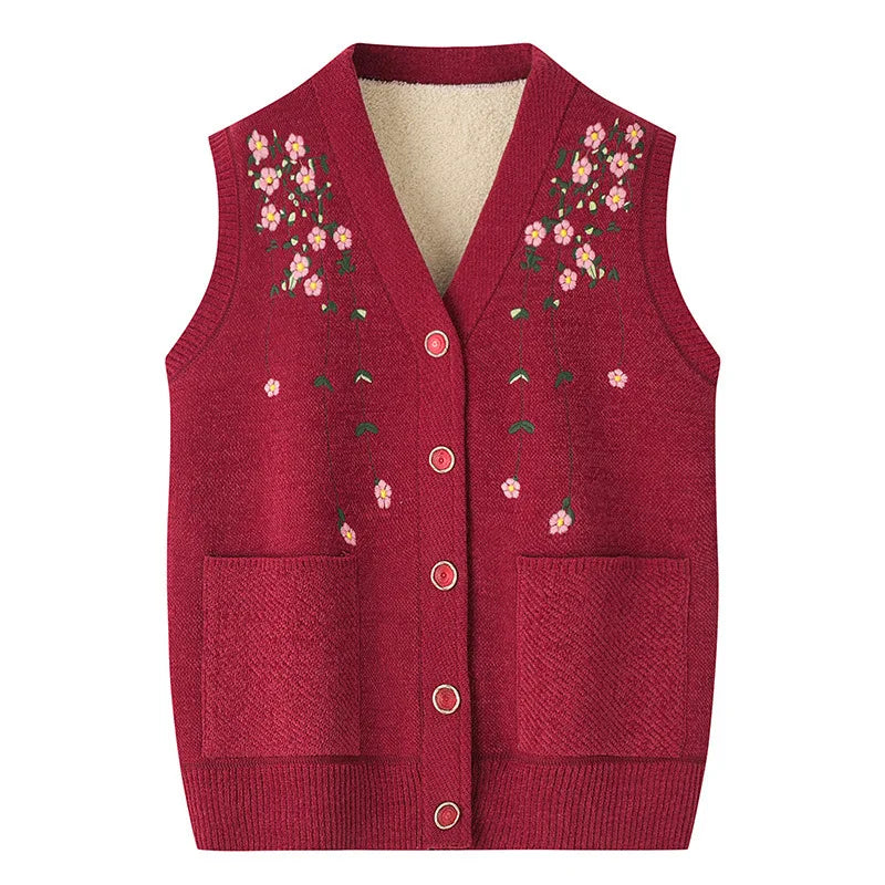 Grandma's Vest Autumn Winter Embroidered Middle Aged Mother's Outfit Cardigan Jacket Knitwears Sweater Women Wool Velvet Sueter