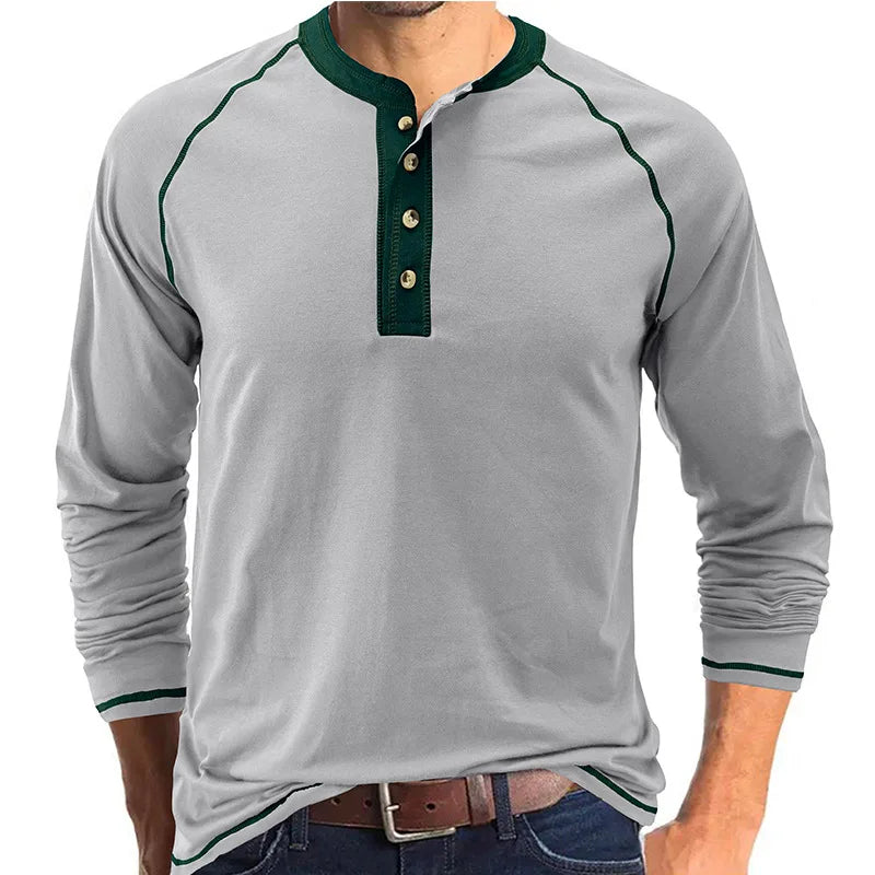Summer  Autumn Men's American Heavy Cotton Henry Shirt  Long Sleeve Fitness Tough Guy T-Shirt Casual  T Shirt for Men Clothing