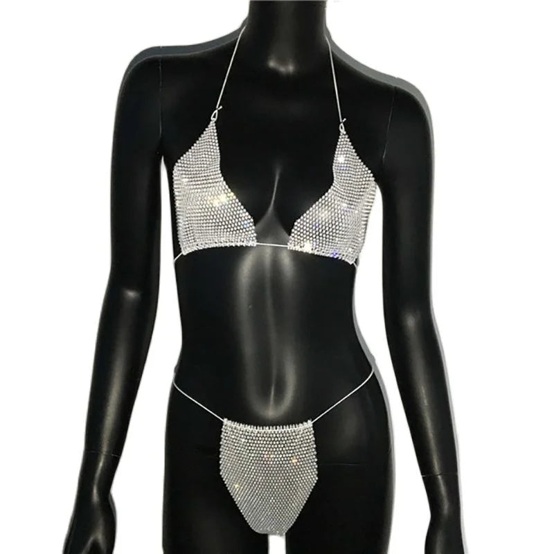 Bling Rhinestones Bra Panty Set Women Sexy Halter Bra Sexy Panty Two Piece Set Summer Beach Outfits Party Club Matching Sets