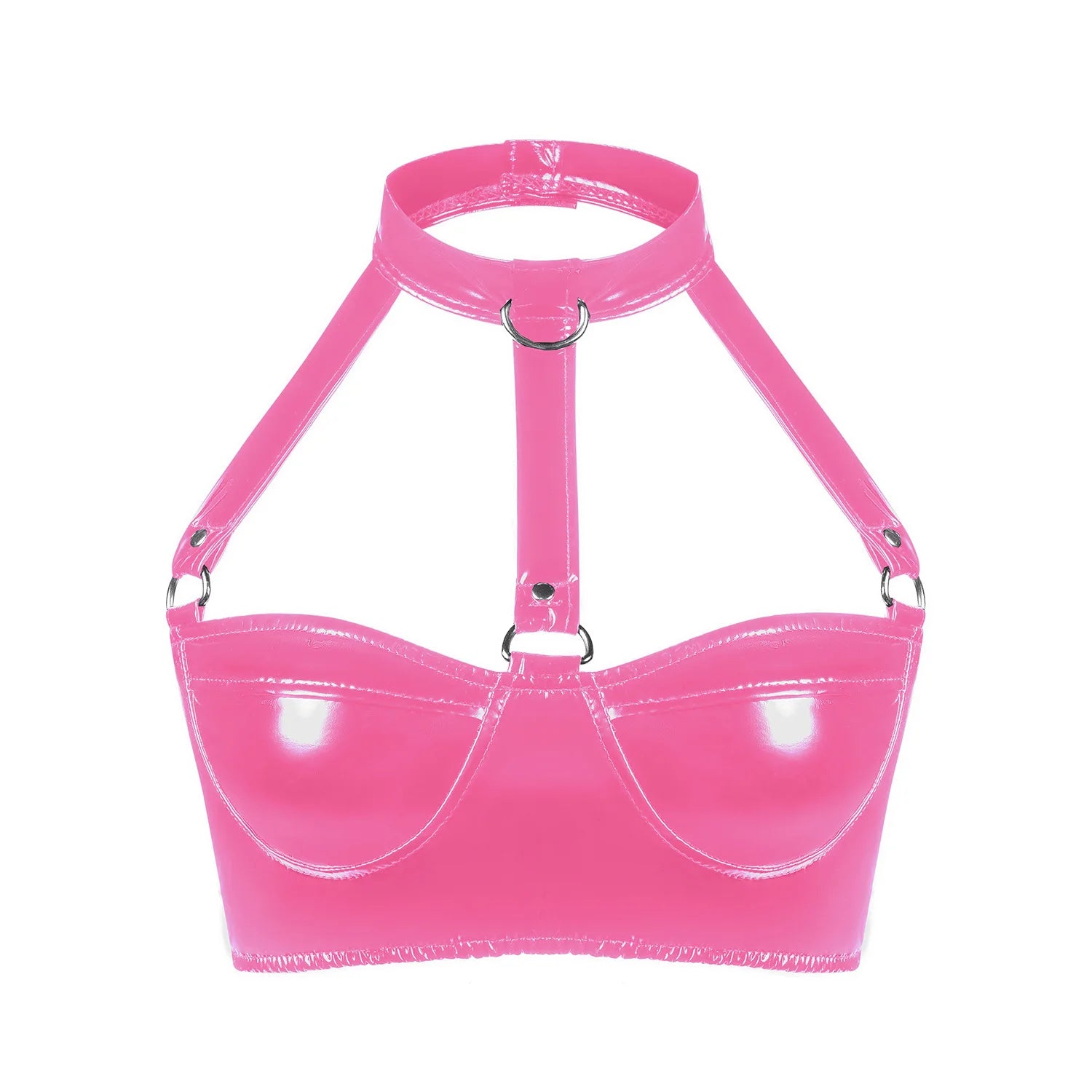 Womens Lingerie Intimates Underwear Set Rave Wet Look Patent Leather Wire-free No Padded Belly Bra Top with Zipper Panty Briefs