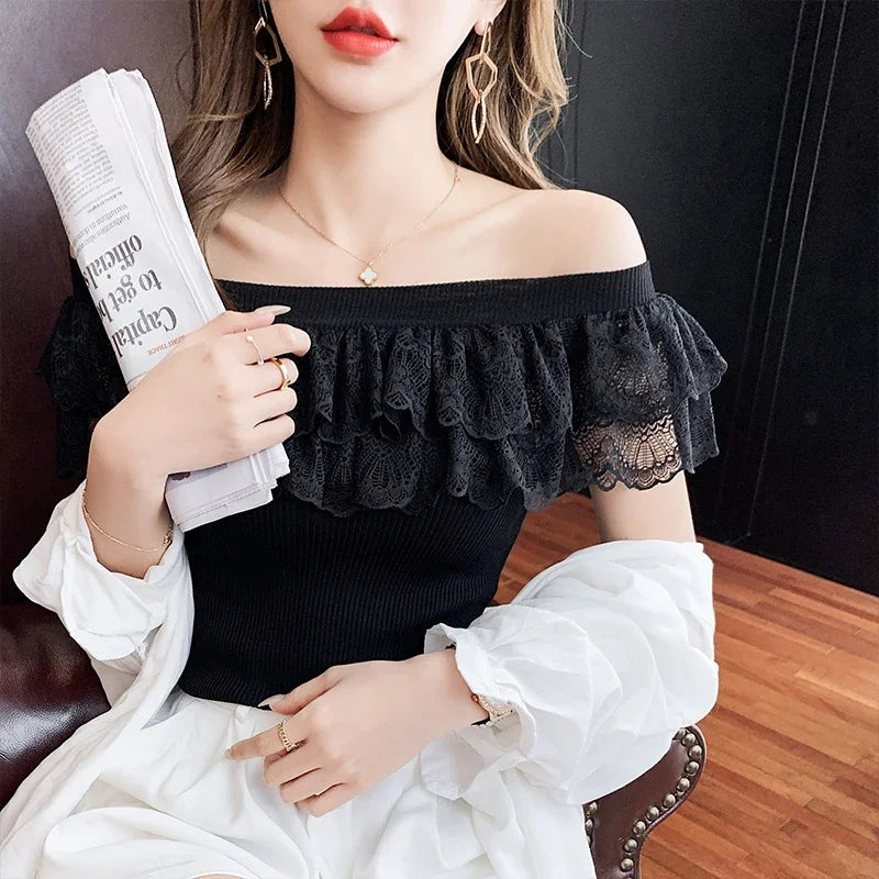 Sexy Ladies Tops Summer Blouse for Women 2024 Blusas Mujer De Moda Patchwork Lace Ruffles Blouses Tunic Sweet Knitted Shirts