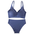 1 Set Solid Color Seamless Bra Panties Women Underwear Set Soft Breathable Removable Padding Ruffled Bralette Ultra-thin Briefs