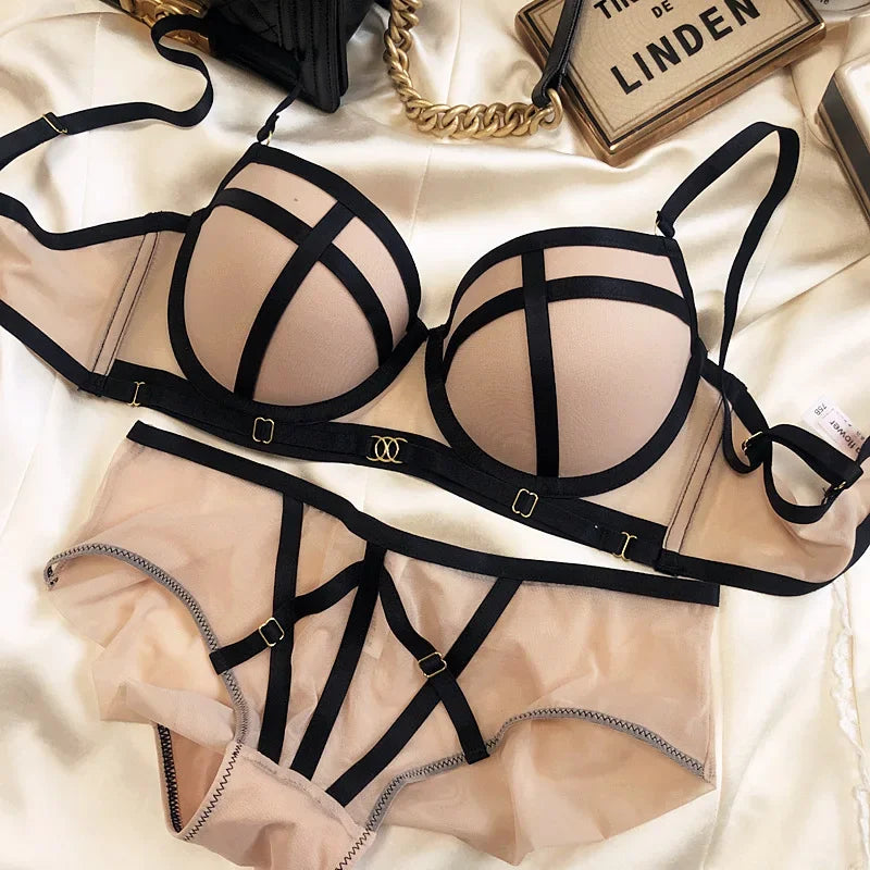 2 Pieces Classic Bandage Push Up Bra Set Europe Sexy Lace Underwear for Women Plus Size CD Cup Brassiere Female Panties Lingerie
