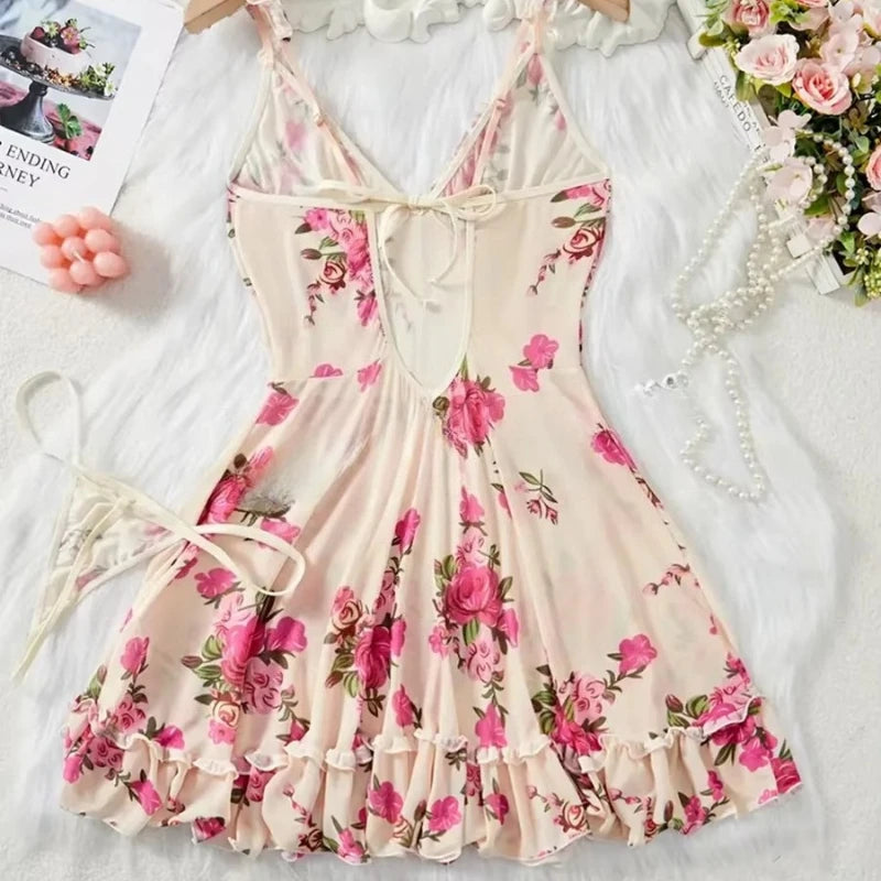 Women's Underwear Sexy Bra and Panties Sets Lace Ruffle Trim Lingerie Set Deep V Slip Dress Thongs Plus Size Floral Bow Bra Sets