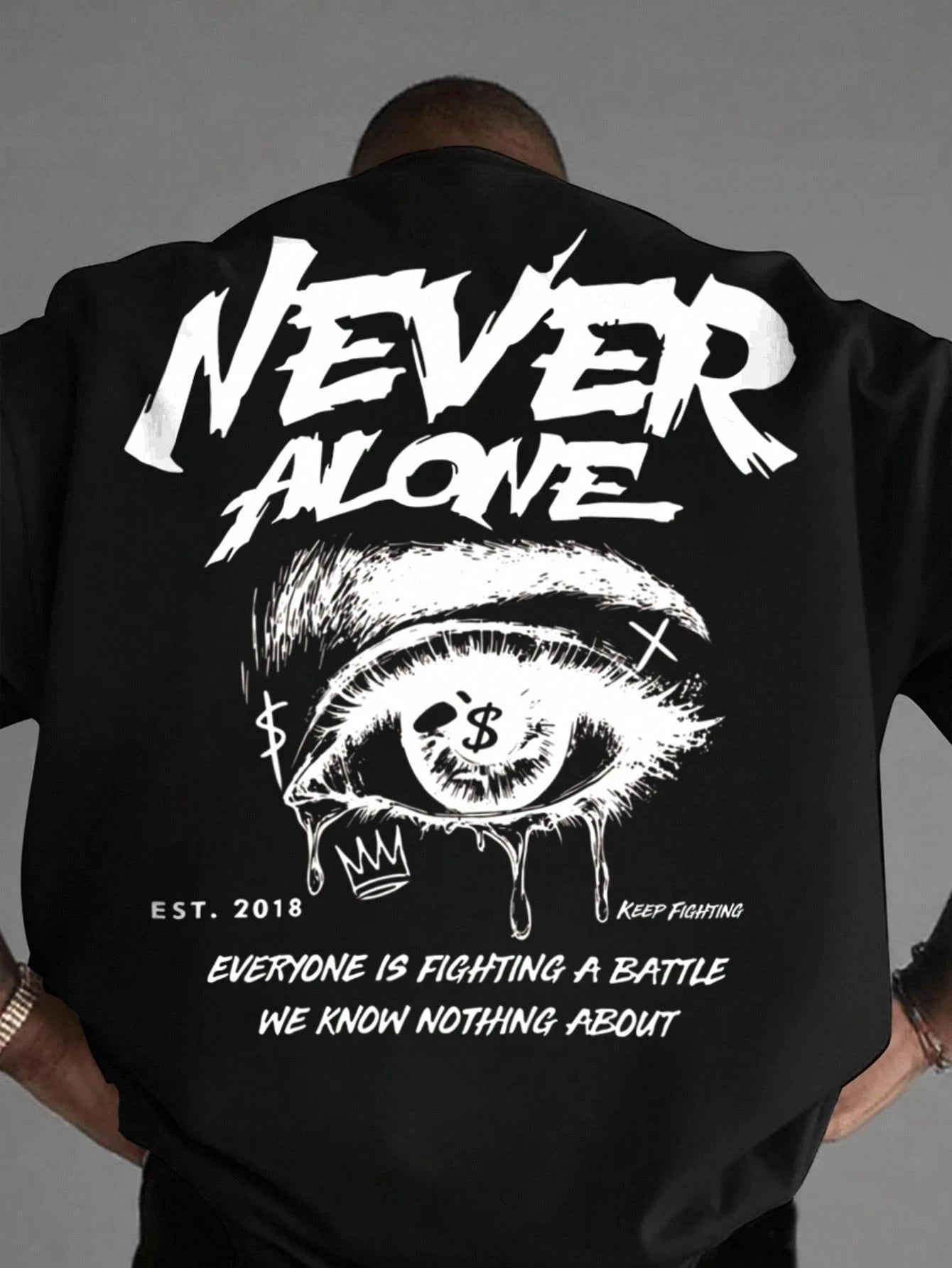 Summer Never Alone Eye Printing Cotton T-Shirts Mens Short Sleeve T Shirts Oversized O-Neck Soft Tops Casual Street Male Clothes