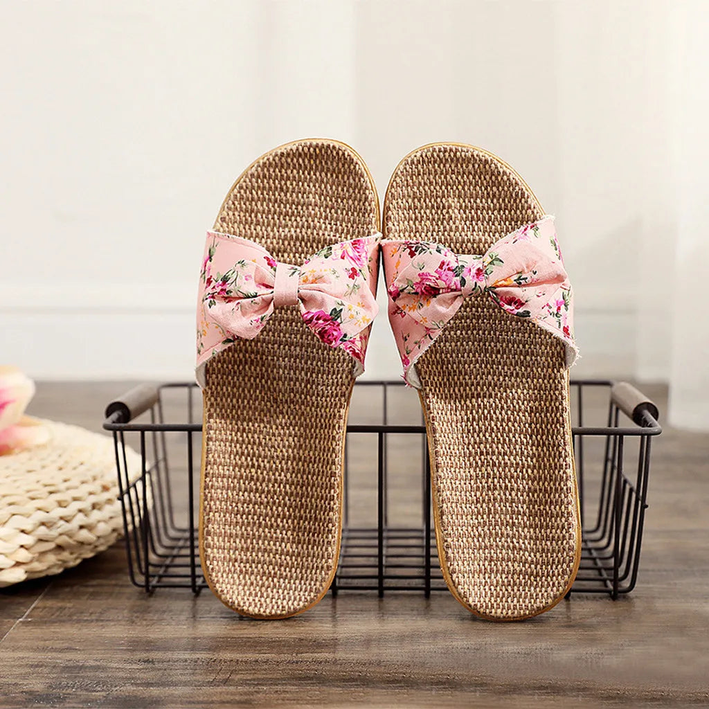 Shoes For Woman Sandalias Mujer Women Female Bowknot Flax Linen Flip Flops Beach Shoes Sandals Slipper Chaussures Femme